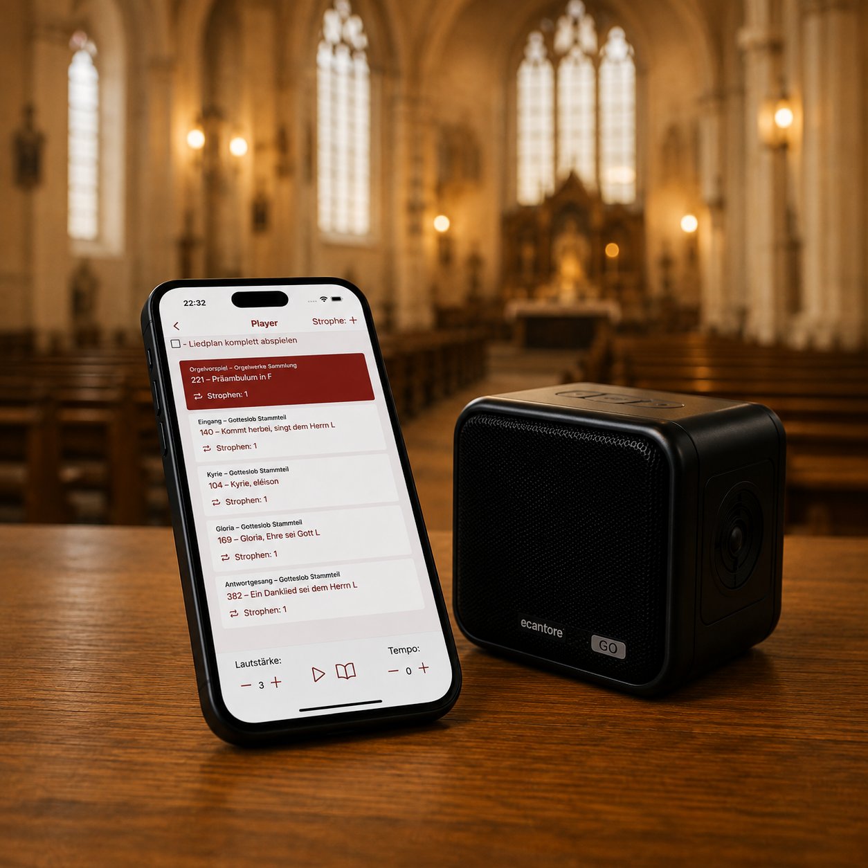 Smartphone mit der ecantore-App neben einem Lautsprecher