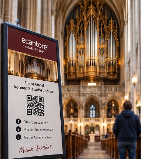 Aufsteller im Mittelgang der Kirche mit der Aufschrift „Diese Orgel können Sie selbst hören" und QR-Code