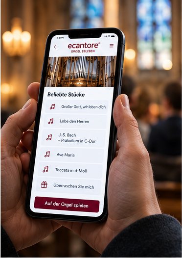 Smartphone zeigt die Besucherauswahl: fünf Musikstücke zur Wahl und die Schaltfläche „Auf der Orgel spielen"