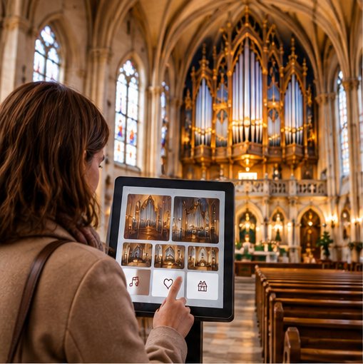 Besucherin wählt am Touchscreen-Terminal im Kirchenschiff ein Musikstück aus, im Hintergrund der Prospekt der Kirchenorgel