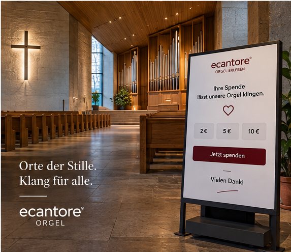 Spendenterminal im Kirchenraum mit der Aufschrift „Ihre Spende lässt unsere Orgel klingen" und drei Betragsschaltflächen