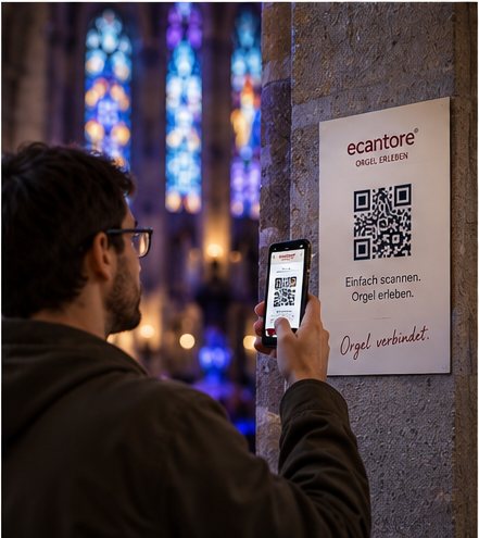 Besucher scannt mit dem Smartphone den QR-Code auf einem Schild an der Kirchenwand