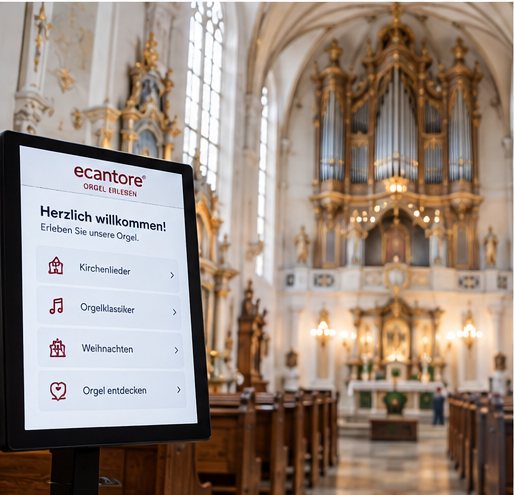 Besucher-Terminal mit Touchscreen im Kirchenschiff, Startseite mit Kategorien zur Auswahl