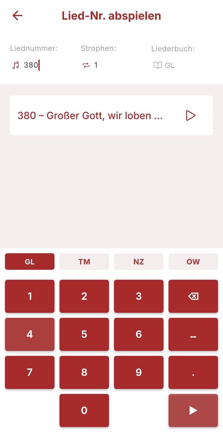 Liednummer eintippen — Bildschirm der ecantore goAPP