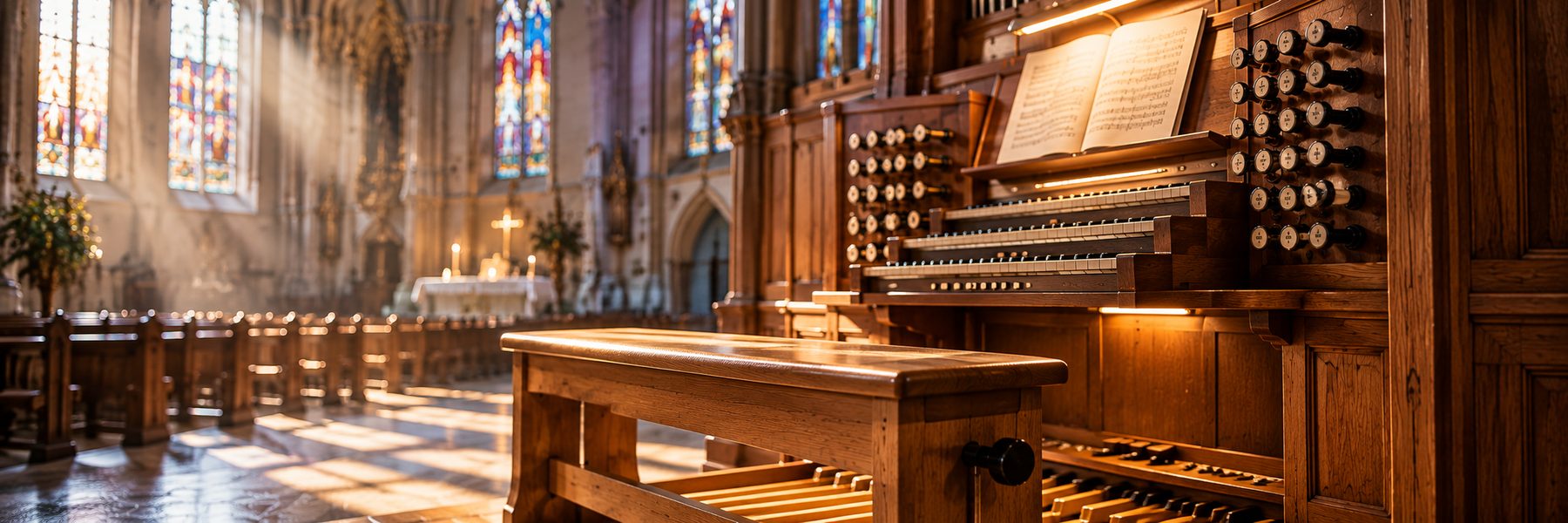 Leere Orgelbank vor dem Spieltisch einer Kirchenorgel, dahinter das Kirchenschiff im Morgenlicht