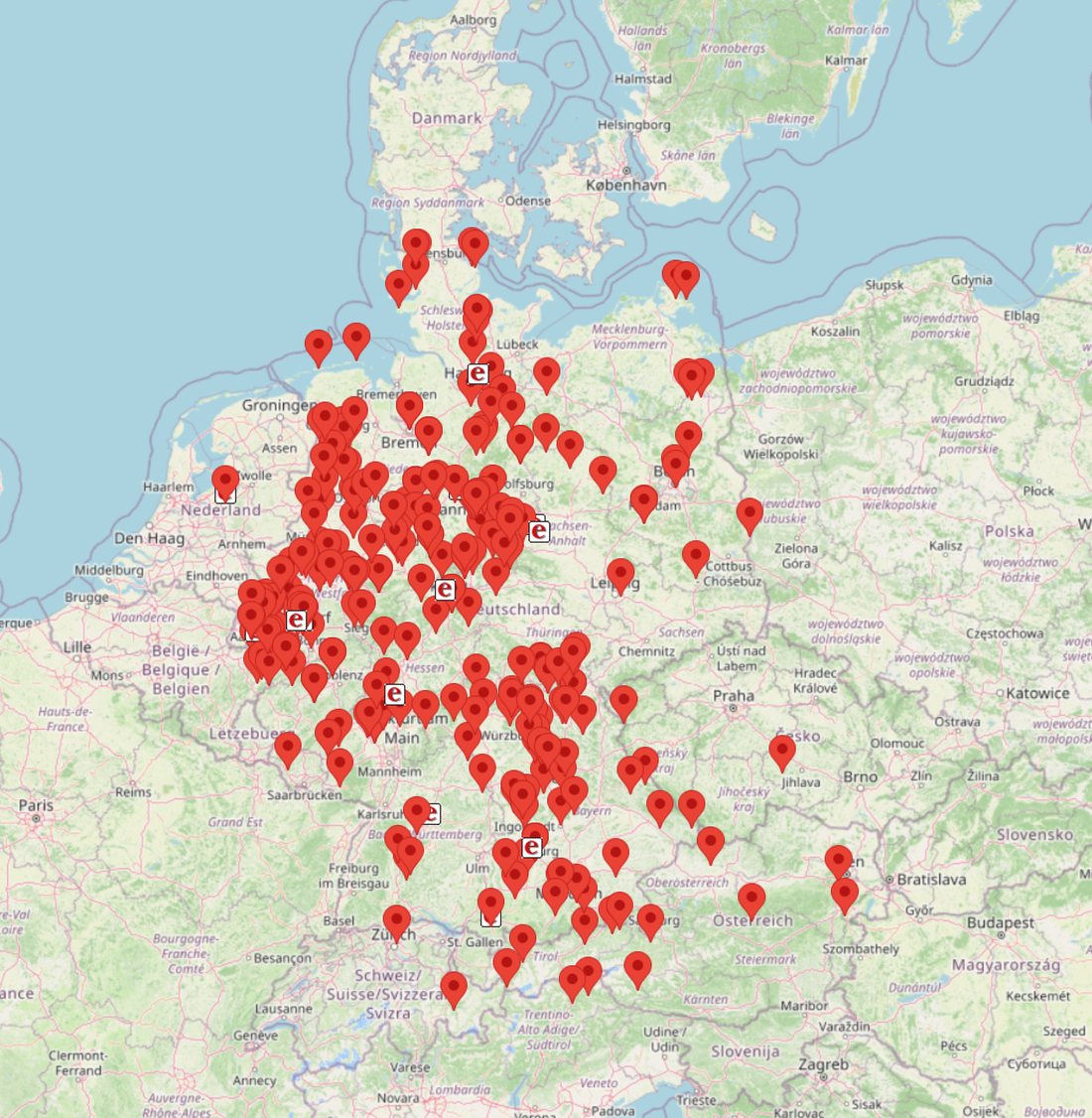 Karte mit den ecantore-Installationen in Deutschland, Österreich, der Schweiz und den Niederlanden